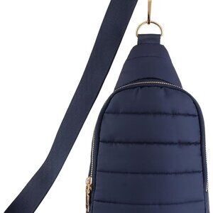 Blue Quilted Crossbody Bag for Women, Small Puffer Sling Purse with Adjustable S